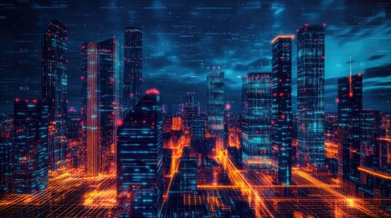 Fototapeta premium Neon-lit cityscape with sleek, modern buildings and abstract digital effects, showcasing a panoramic view of futuristic architecture and technology.