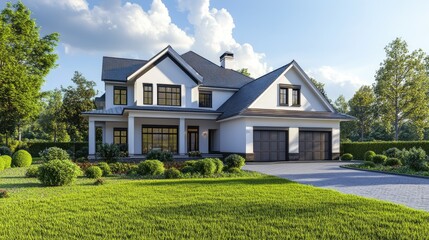 Newly constructed suburban house with a two-car garage and a fresh lawn.