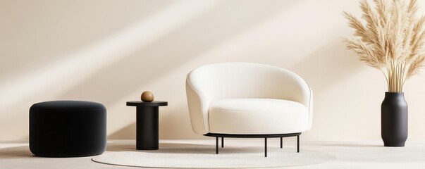 Minimalist living room with white armchair, black ottoman, and pampas grass.