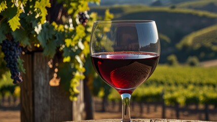 Glass of Red Wine on Barrel with Vineyard Background