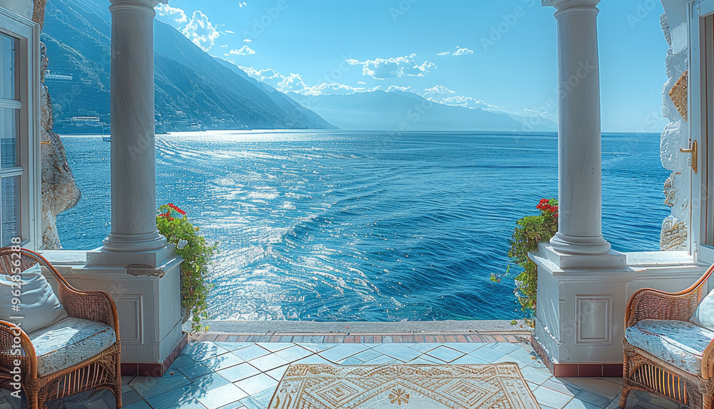 Poster Balcony with sea view. Generative AI.