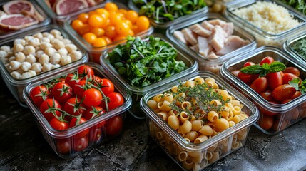 Obraz premium Delicious and Healthy Meal Prep with Pasta, Salad, and Cherry Tomatoes