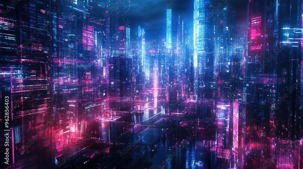 Poster panoramic view of a neon-illuminated cityscape featuring advanced urban architecture and high-tech d