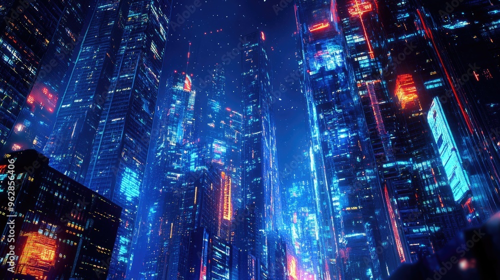 Poster panoramic view of a neon-illuminated cityscape featuring advanced urban architecture and high-tech d