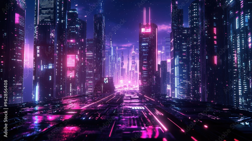 Aufkleber panoramic view of a neon-illuminated cityscape featuring advanced urban architecture and high-tech d