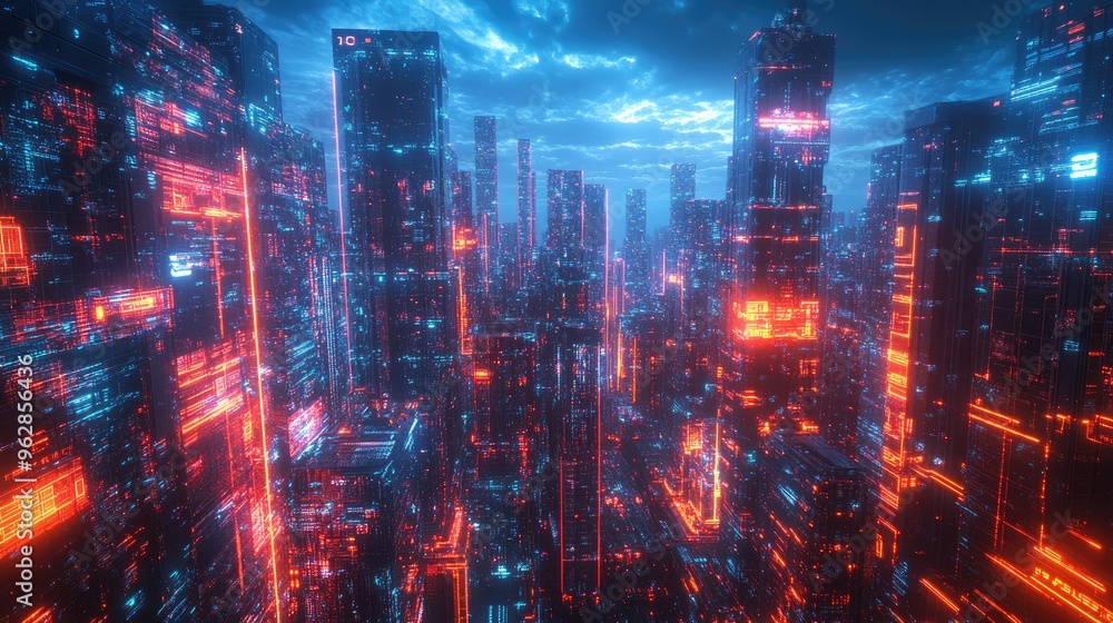 Aufkleber panoramic view of a neon-illuminated cityscape featuring advanced urban architecture and high-tech d