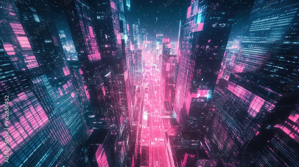 Aufkleber panoramic view of a neon-lit cityscape with cutting-edge urban architecture and futuristic digital e