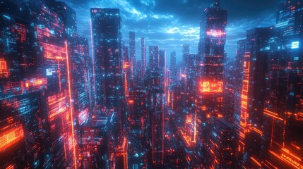 Panoramic view of a neon-illuminated cityscape featuring advanced urban architecture and high-tech digital effects. Ideal for futuristic themes.