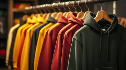 Obraz premium Hoodies of different colors and styles on clothes rack hangers in a modern clothing store or outdoor market, close-up