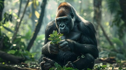Obraz premium Powerful Gorilla in Lush Forest Wildlife Photography