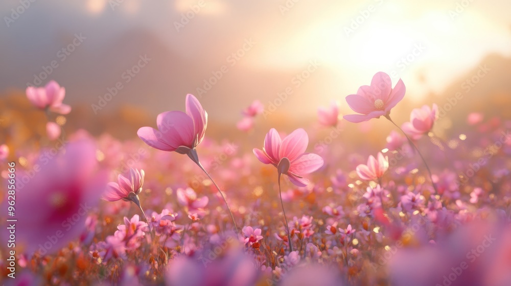 Poster blurred background of pink cosmos flowers in an autumn field featuring 3d cartoon rendering