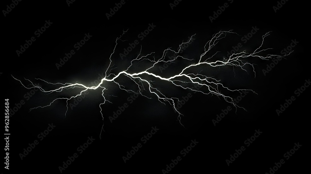 Poster powerful lightning bolt with branching patterns, isolated on a black backdrop, showcasing the dramat
