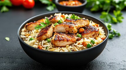 Fototapeta premium Savory Top-Down Shot of Flavorful Chicken Biryani with Exotic Spices on Wooden Dining Table
