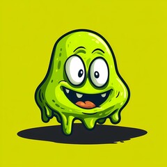 A cartoon green blob monster with a wide, toothy grin and big, round eyes on a yellow background.