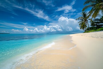 Tropical beach with white sand and palm trees is bathed by a turquoise sea under a blue sky