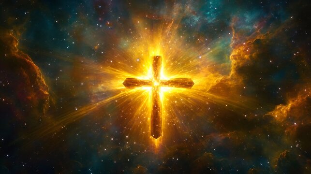 A glowing gold cross bursts forth from a nebula of swirling gas and dust.
