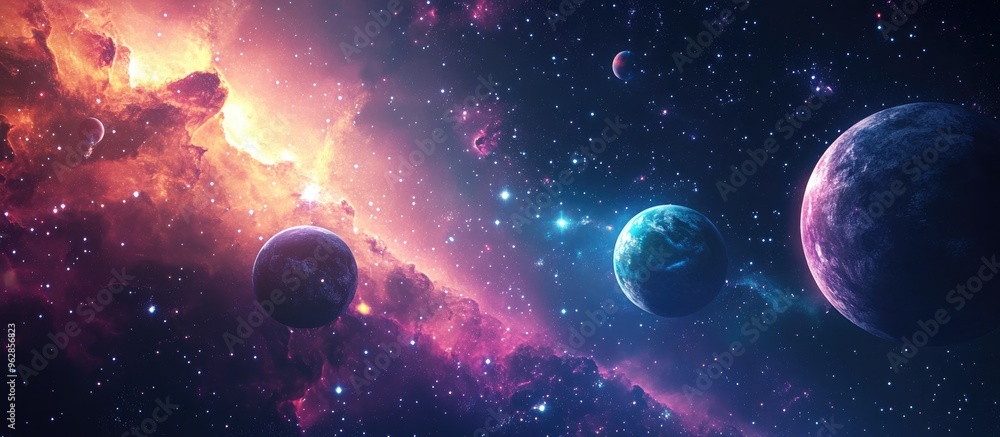 Poster space scene featuring planets stars and galaxies rendered in 3d cartoon style panorama horizontal vi