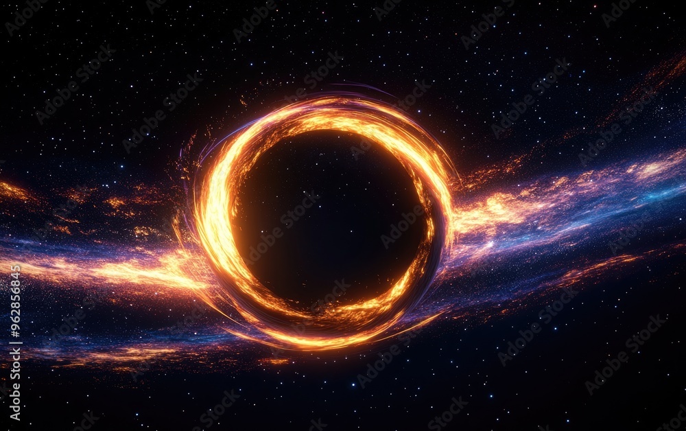 Poster slowly rotating black hole in space rendered in 3d cartoon style featuring the event horizon