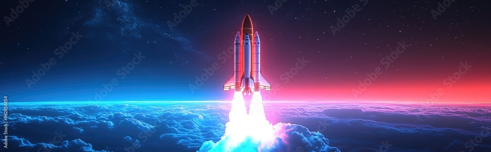 Aufkleber 3d cartoon illustration of a launch of a space shuttle in open space above earth blue gradient space