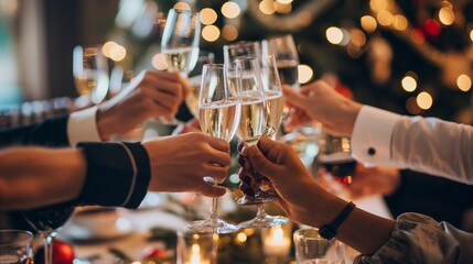 Coworkers celebrate at a festive christmas and new year party in a restaurant, close-up of raising glasses in a joyful toast amid twinkling lights and a decorated tree