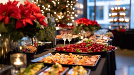 Festive buffet table with christmas and new year treats, poinsettias, and lights sets the stage for a memorable office celebration