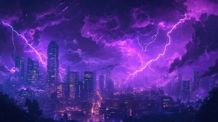 Powerful purple lightning storm over the city, with bolts of lightning illuminating the night sky and casting a dramatic and colorful glow over the urban landscape.