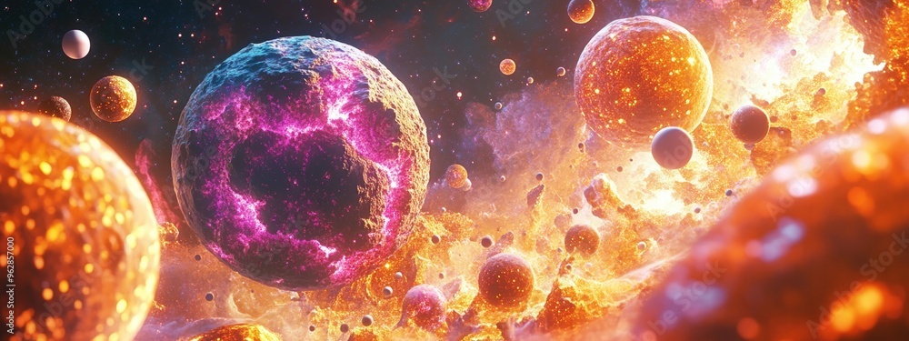 Aufkleber Background design featuring abstract forms and planets related to science in a 3D cartoon rendering An explosion of stars in space and a fantastic galaxy within the universe showcasing planets in