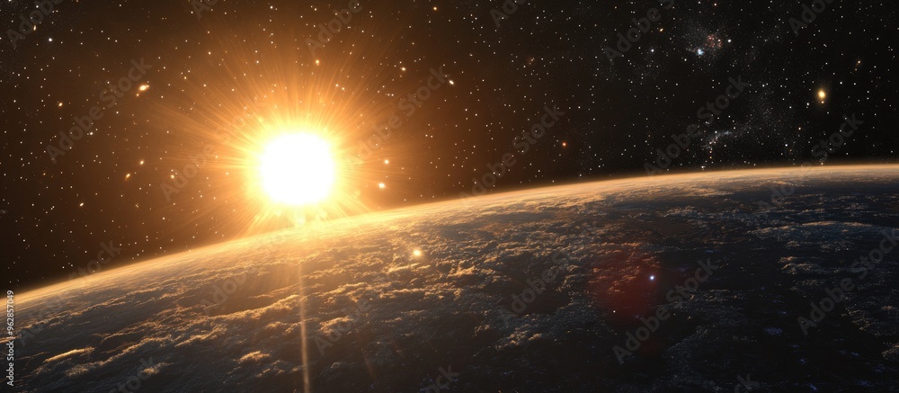 Poster Panoramic view of the sun stars and galaxy in a 3D cartoon rendering A broad perspective from space focusing on ecology the environment and Earth Day themes