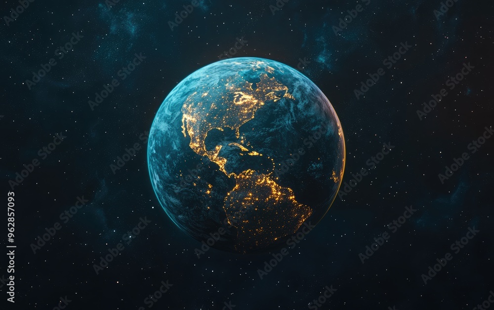 Poster Nightly Earth depicted in outer space through 3D cartoon rendering Abstract wallpaper showcasing city lights and civilization on the planet