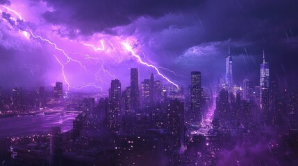 Obraz premium Purple lightning storm sweeping over the city, with dramatic flashes of light highlighting the urban environment, creating a striking contrast against the night.