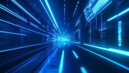 Futuristic Neon Light Streaks in Blue Digital Space