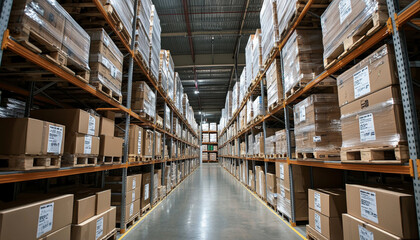 Obraz premium A spacious warehouse filled with neatly stacked boxes and pallets, organized for storage and distribution.