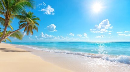 Serene Paradise: Tropical Beach with Palm Trees and Turquoise Waves