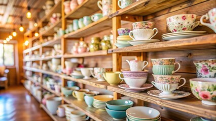 whimsical morning warm lighting soft focus vintage china tea cups stacked rustic wooden shelves eclectic boutique interior cozy atmosphere feminine pastel hues