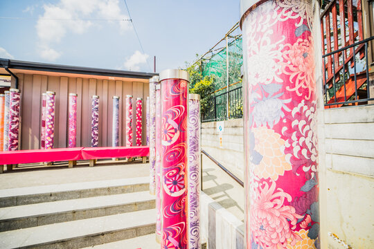 Patterned fabrics in Arashiyama Station, Kyoto, Japan