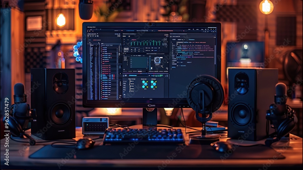 Fototapete A dark podcast studio with a black computer monitor screen. Generative AI.