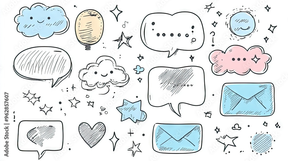Poster set of cartoon speech bubbles and message boxes with outline doodle designs and space for text. perf