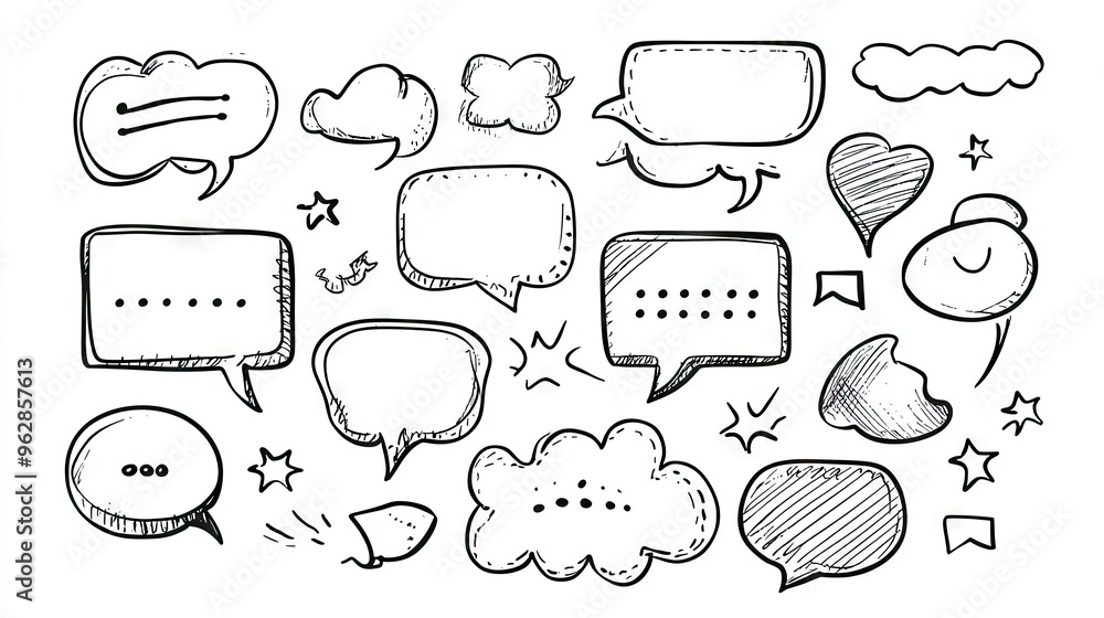 Poster set of cartoon speech bubbles and message boxes with outline doodle designs and space for text. perf