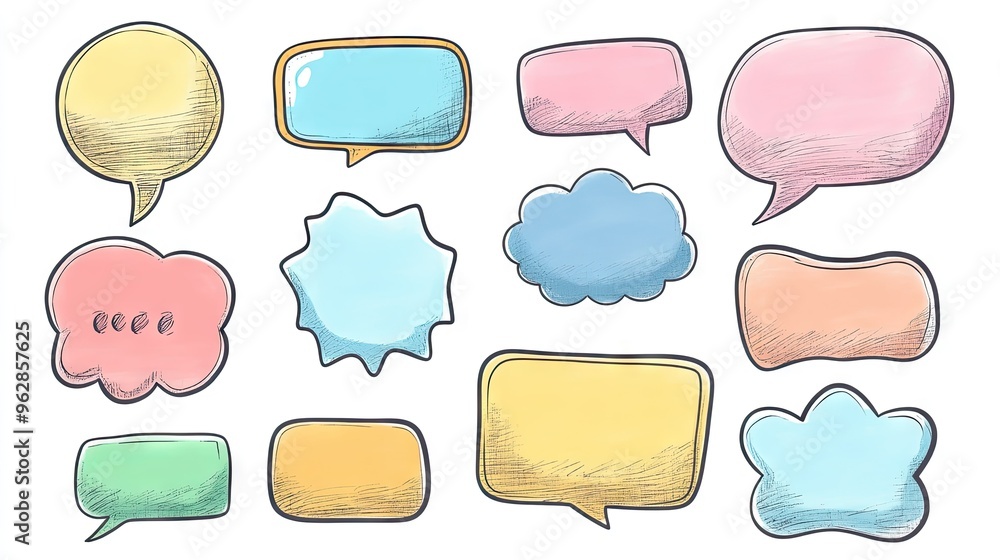 Aufkleber set of cartoon-style speech bubbles and message boxes with doodle outlines and empty text spaces. id