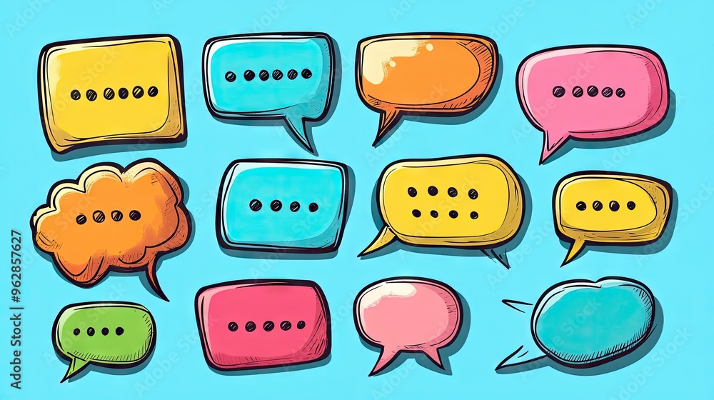 Aufkleber set of cartoon-style speech bubbles and message boxes with doodle outlines and empty text spaces. id