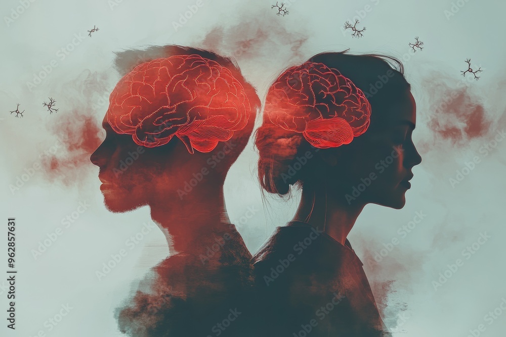 Poster neural interfacing neurocircuitry minimalist illustration of two heads with red brains symbolizing m