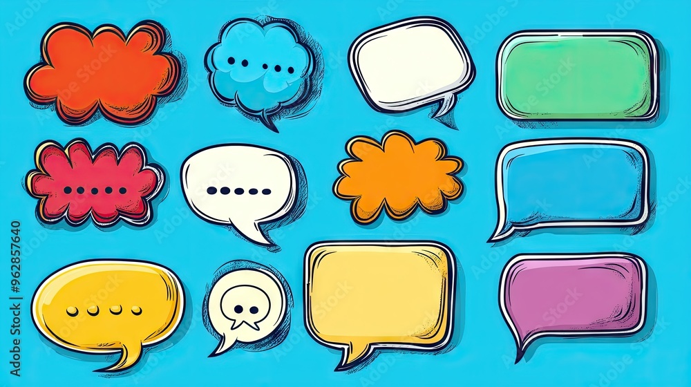 Fototapete set of cartoon-style speech bubbles and message boxes with doodle outlines and empty text spaces. id
