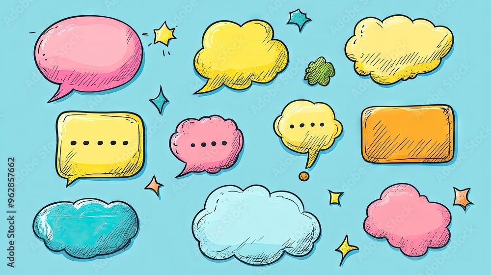 Fototapete Set of cartoon-style speech bubbles and message boxes with doodle outlines and empty text spaces. Ideal for illustrating conversations and digital interactions.