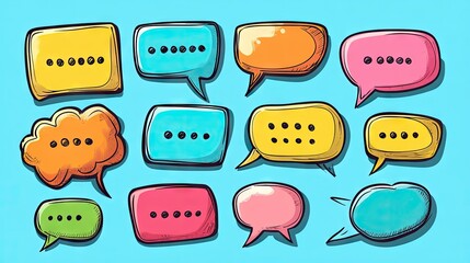 Set of cartoon-style speech bubbles and message boxes with doodle outlines and empty text spaces. Ideal for illustrating conversations and digital interactions.