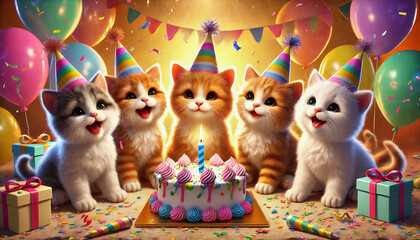Charming 3D happy birthday backgrounds featuring playful cats and colorful birthday cakes, ideal for greeting cards and stock images.