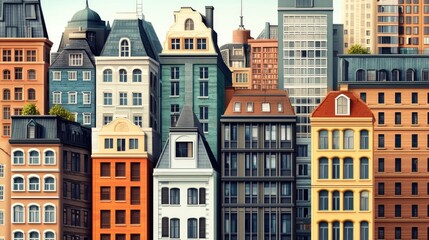 Fototapeta premium Skylines of various architectural styles in an eclectic urban area.