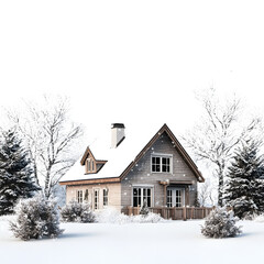 a house in the snow, against a white background with white stars, surrounded by trees, in high resolution and high detail