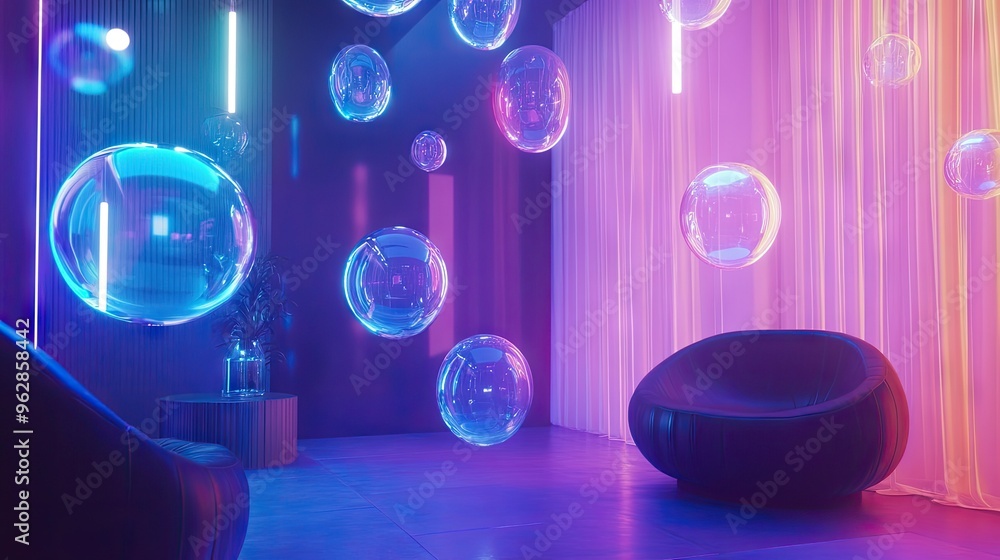Poster stylish room with a collection of shiny chat bubbles floating and shimmering, ideal for illustrating
