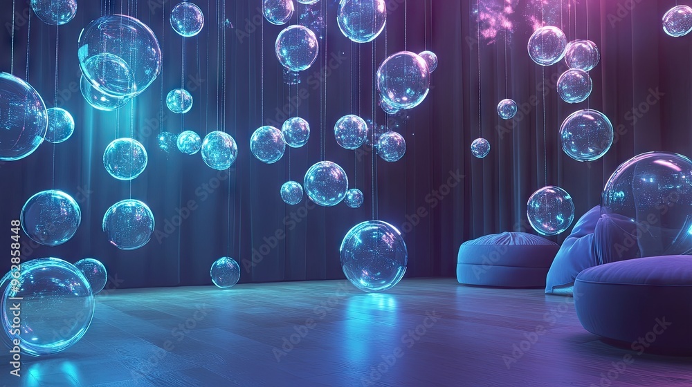 Poster stylish room with a collection of shiny chat bubbles floating and shimmering, ideal for illustrating