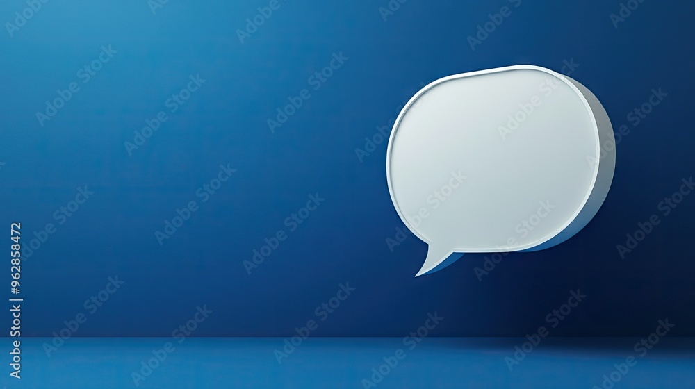 Poster stylized 3d white speech bubble with a deep blue background, creating a modern and clean visual for 